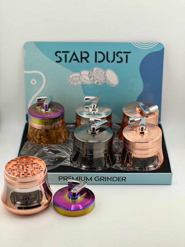 Star Dust Herb Grinder With Handle and funnel Assorted Colors 4pc 6ct Display #SD-130 - Premium  from H&S WHOLESALE - Just $51.75! Shop now at H&S WHOLESALE