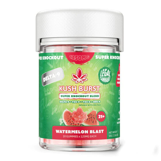 Kush Burst Super Knockout Blend 1250mg D9+THC-P+THC+X+HHC-P Infused With Delta-8 10ct Gummies jar - Premium  from H&S WHOLESALE - Just $15! Shop now at H&S WHOLESALE