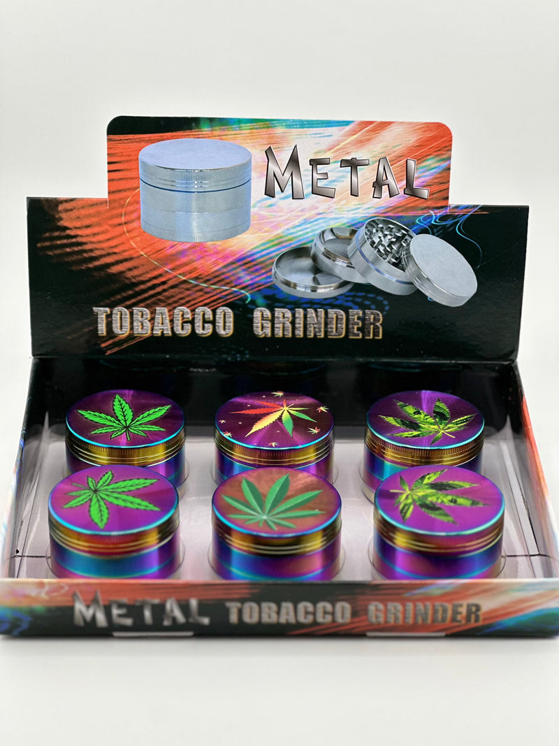 Antique Metal tobacco Grinder Rainbow Zinc 4pc With 420 Leaf Imprint Design 6ct box